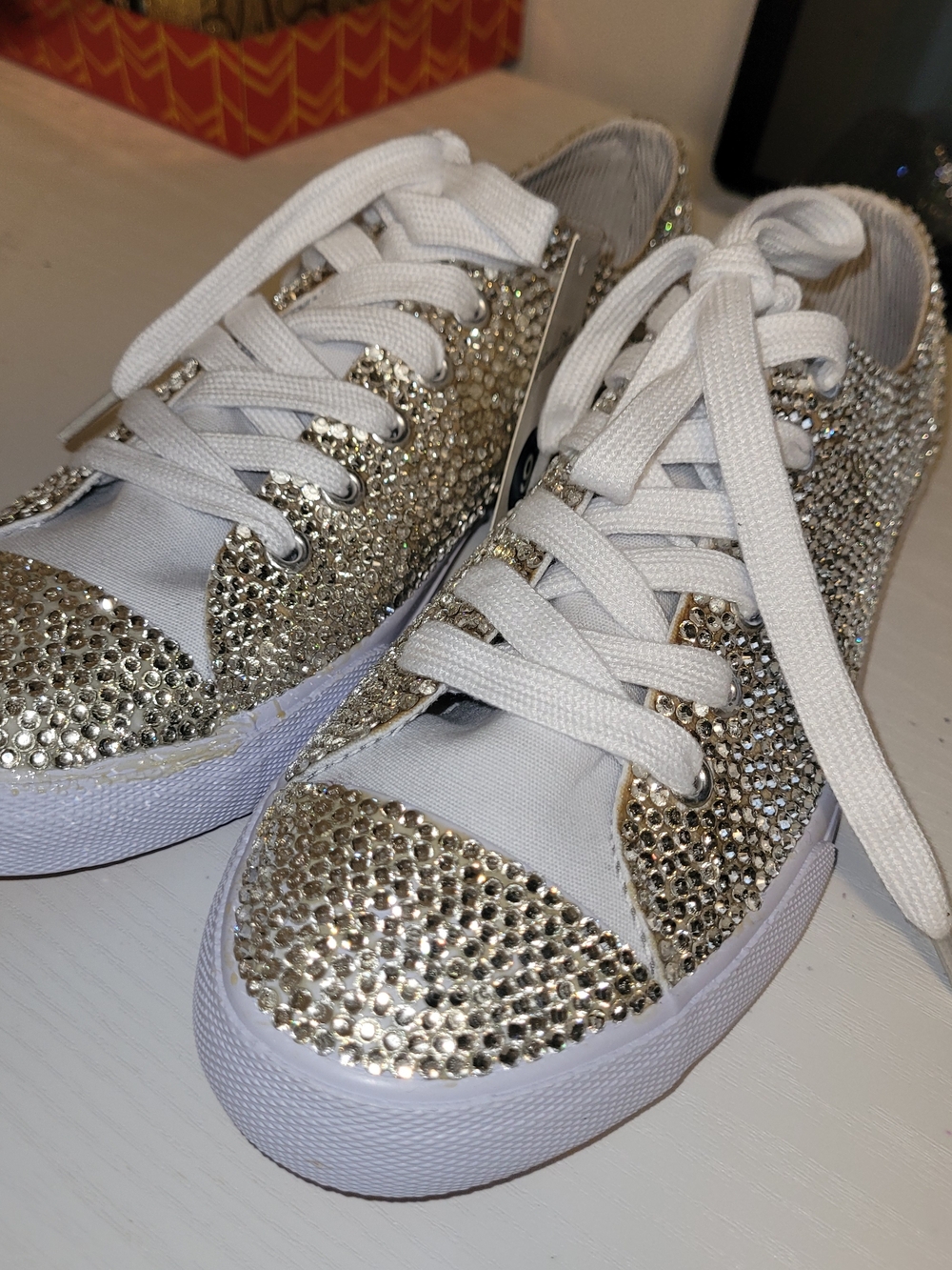 Custom Rhinestone Sneakers Gold White Platform Size 9 Sparkle - Picture 3 of 6